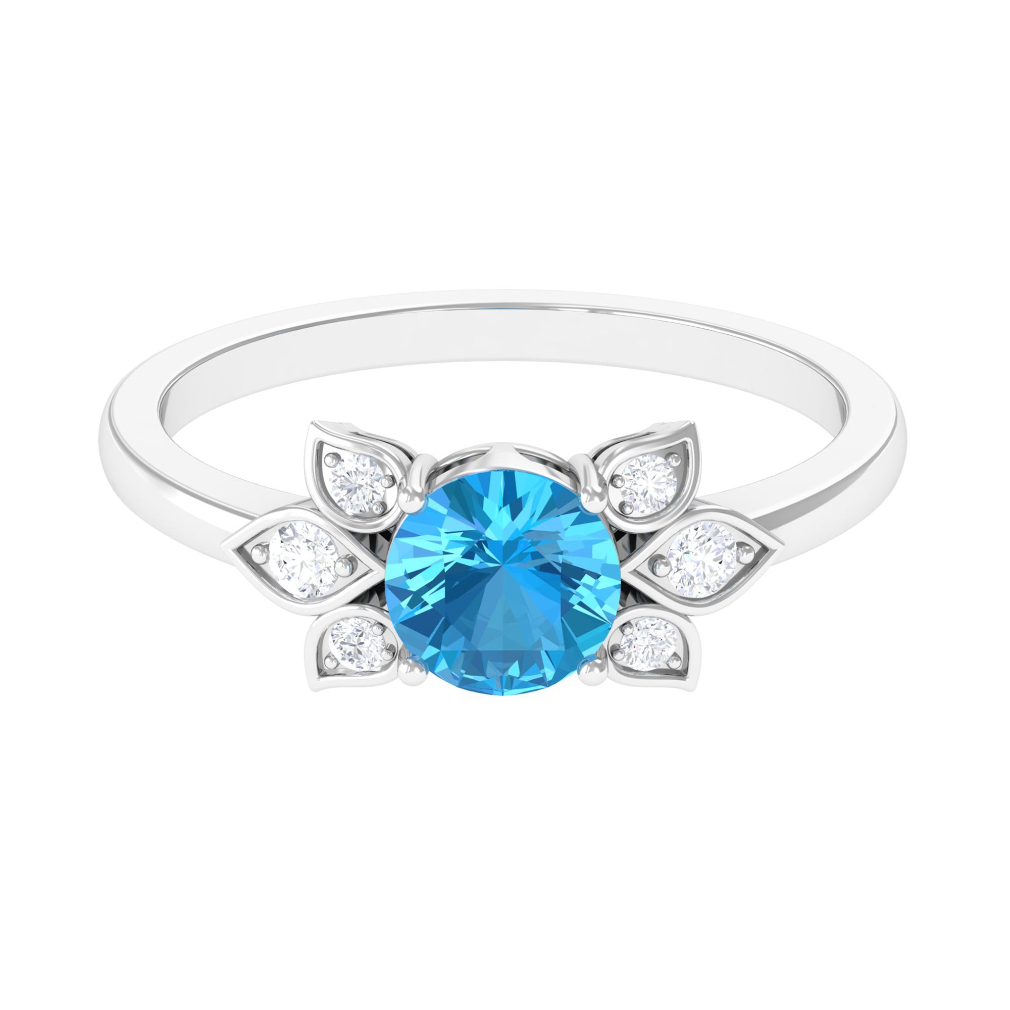 Swiss Blue Topaz Solitaire Flower Ring with Diamond Swiss Blue Topaz - ( AAA ) - Quality - Rosec Jewels