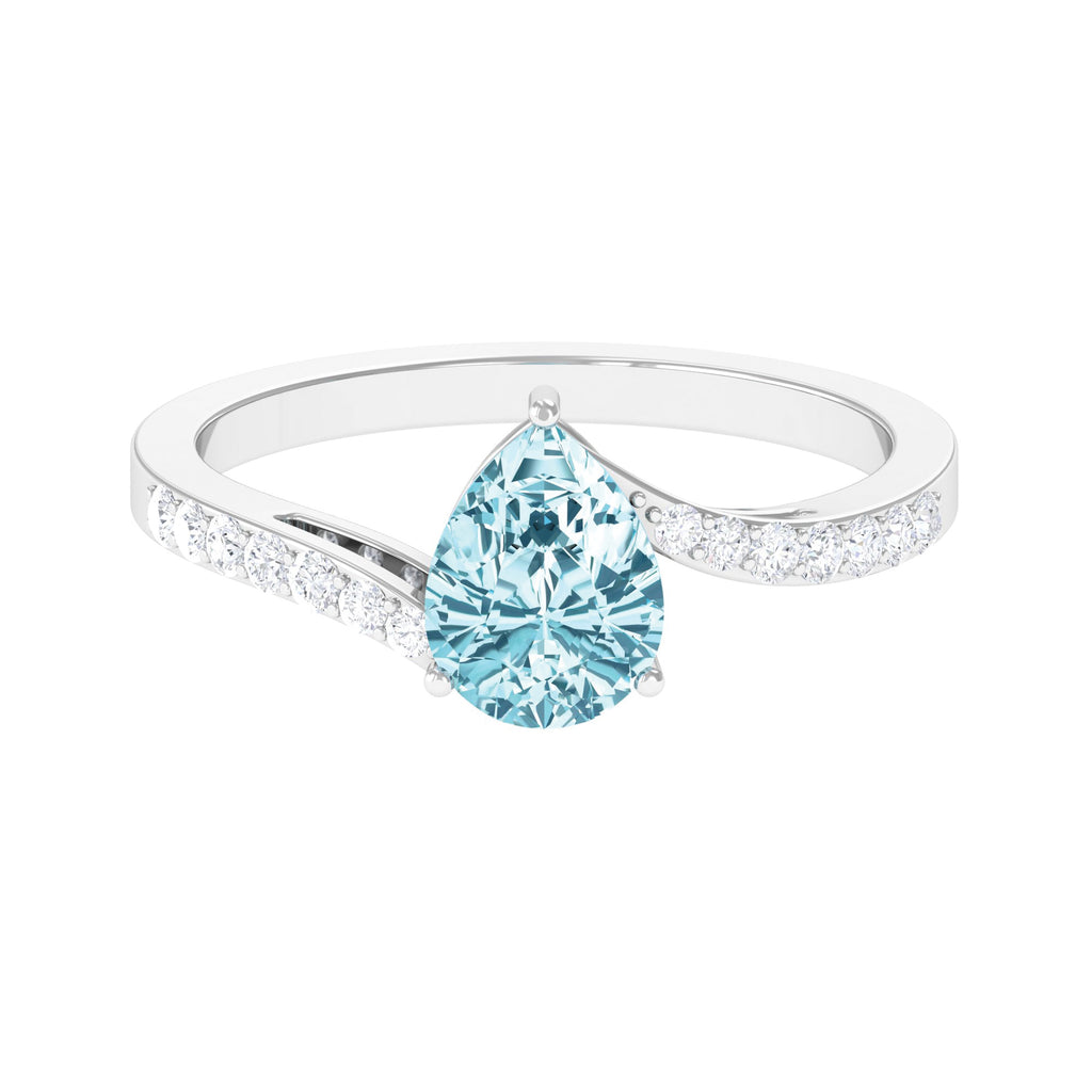 Pear Cut Aquamarine Solitaire Ring with Diamond Bypass Shank Aquamarine - ( AAA ) - Quality - Rosec Jewels