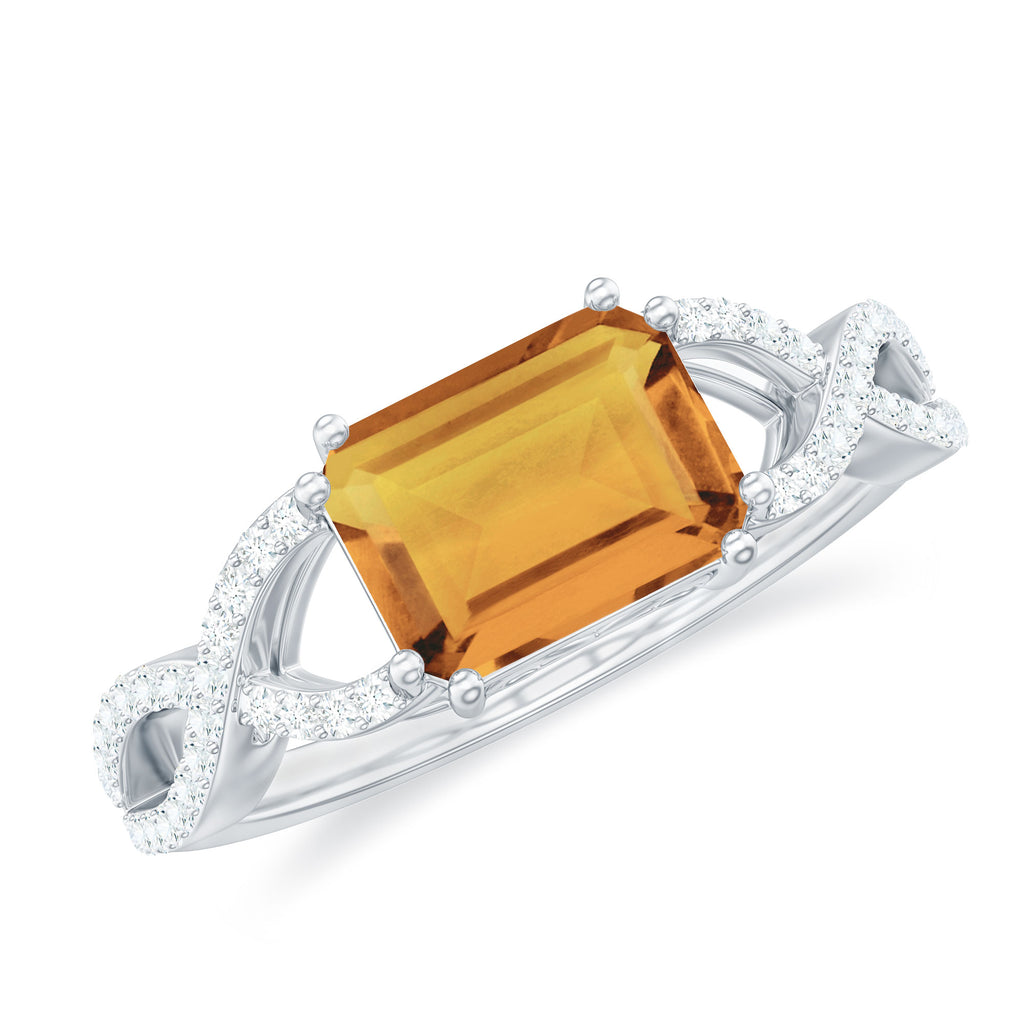 2 CT Emerald Cut Citrine East-West Crossover Ring with Diamond Citrine - ( AAA ) - Quality - Rosec Jewels