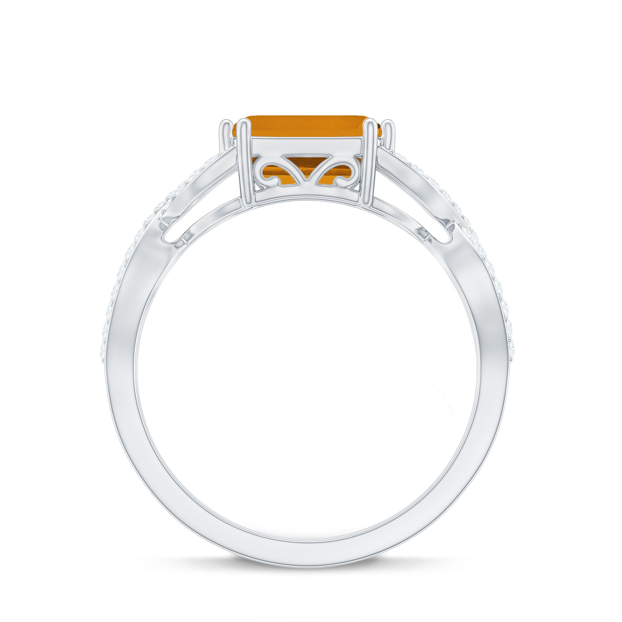 2 CT Emerald Cut Citrine East-West Crossover Ring with Diamond Citrine - ( AAA ) - Quality - Rosec Jewels