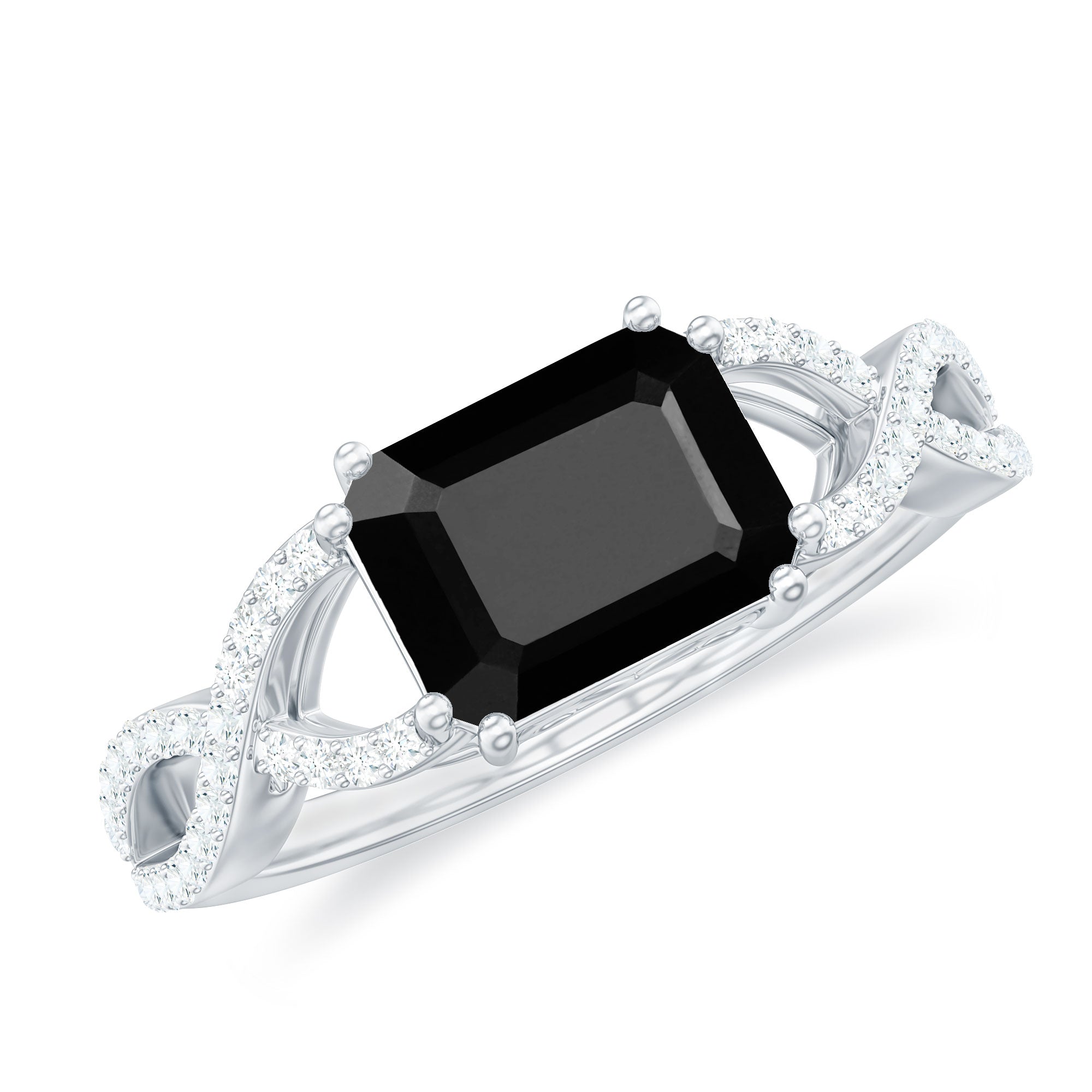 Octagon Black Spinel East-West Crossover Engagement Ring with Diamond Black Spinel - ( AAA ) - Quality - Rosec Jewels