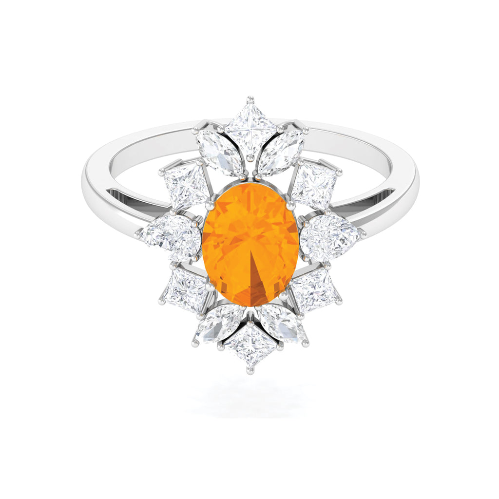 2.25 CT Oval Fire Opal Cocktail Engagement Ring with Moissanite Fire Opal - ( AAA ) - Quality - Rosec Jewels