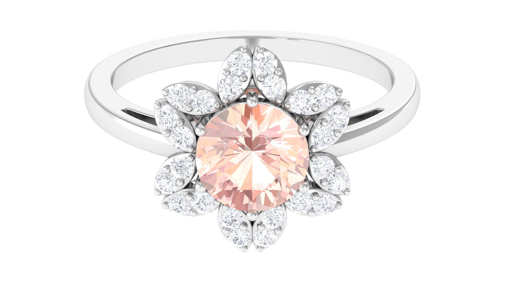 Round Morganite Flower Engagement Ring with Diamond Morganite - ( AAA ) - Quality - Rosec Jewels