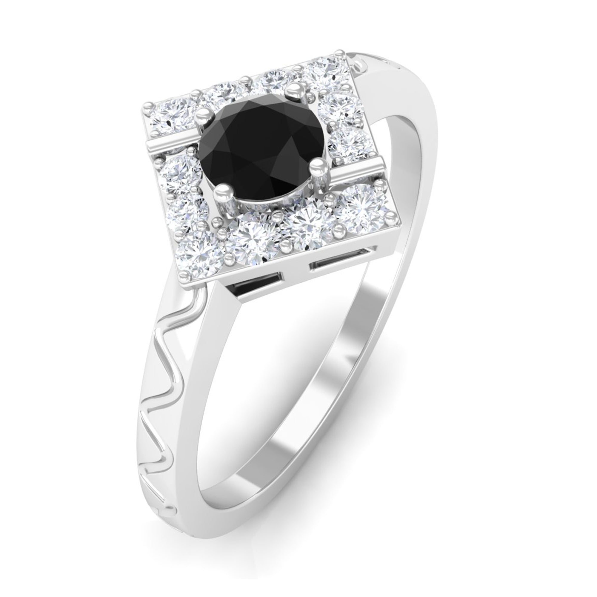 3/4 CT Black Spinel and Diamond Textured Ring Black Spinel - ( AAA ) - Quality - Rosec Jewels