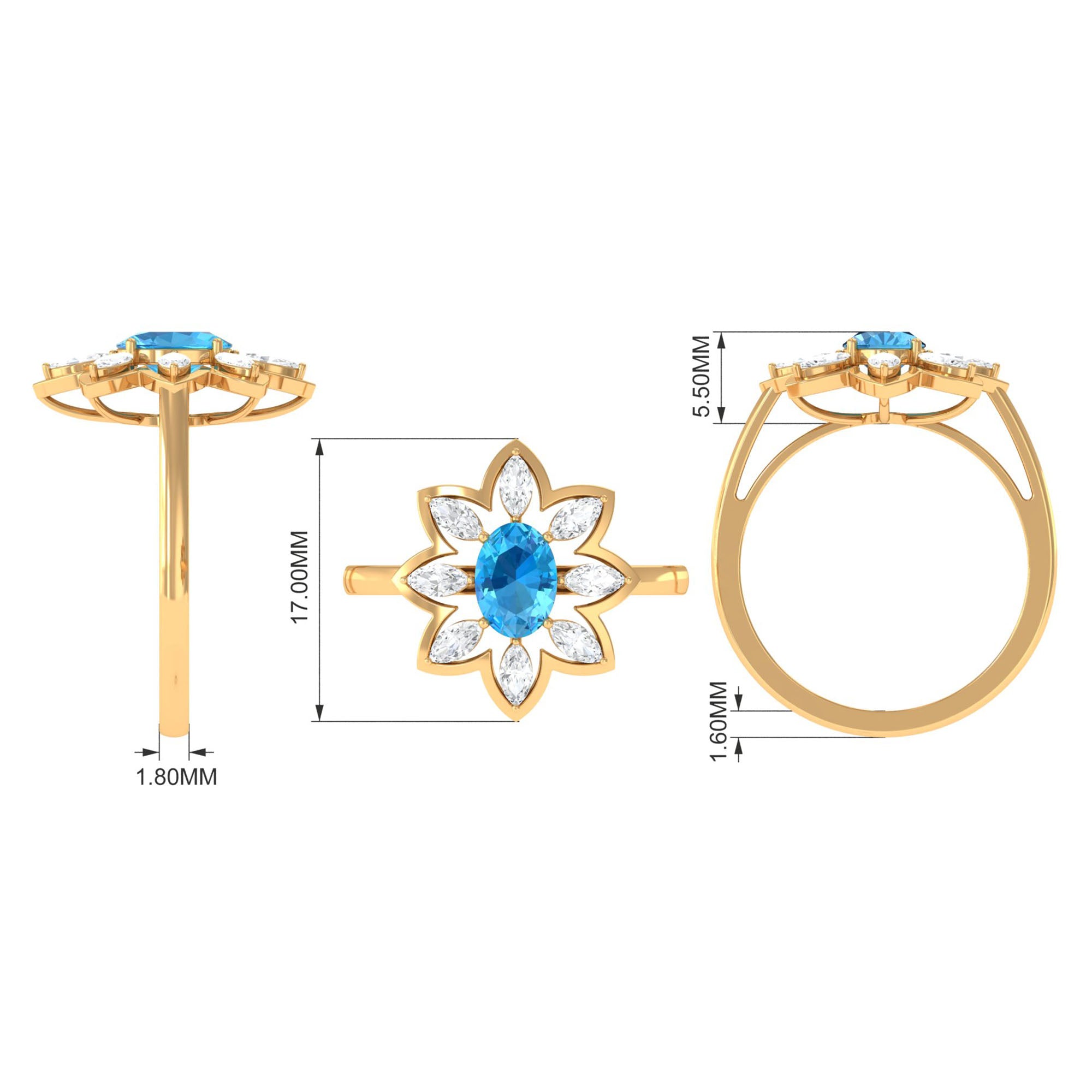 1.25 CT Swiss Blue Topaz Floral Cocktail Ring with Moissanite Swiss Blue Topaz - ( AAA ) - Quality - Rosec Jewels