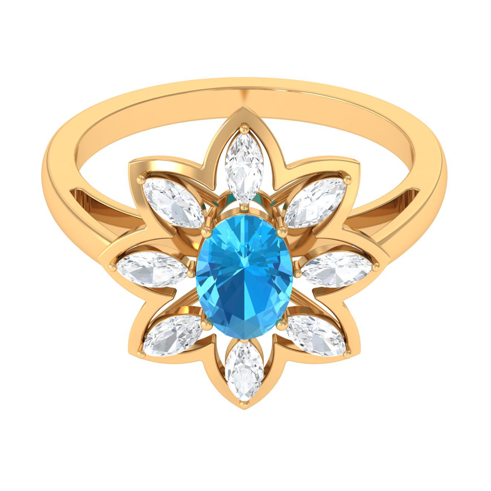 1.25 CT Swiss Blue Topaz Floral Cocktail Ring with Moissanite Swiss Blue Topaz - ( AAA ) - Quality - Rosec Jewels