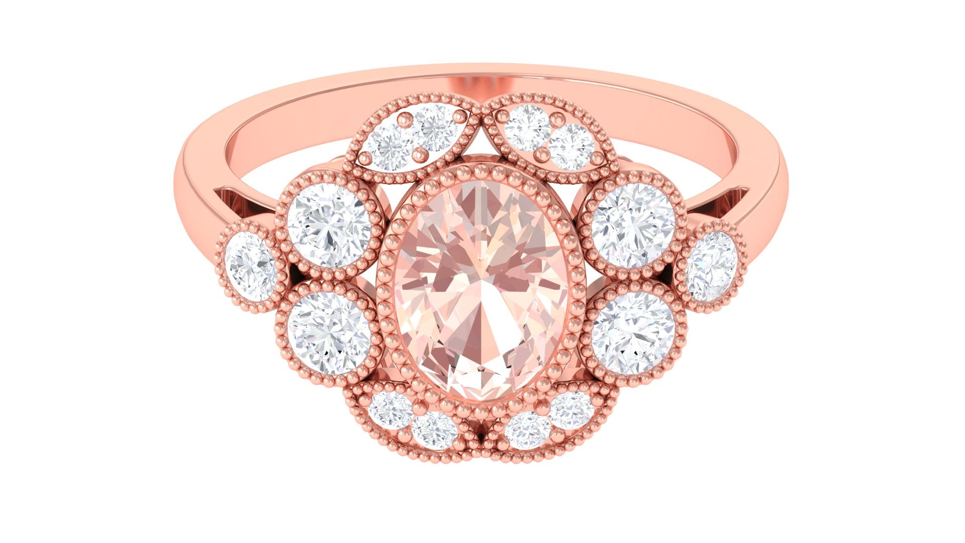 2 CT Oval Morganite Statement Engagement Ring with Diamond Halo Morganite - ( AAA ) - Quality - Rosec Jewels