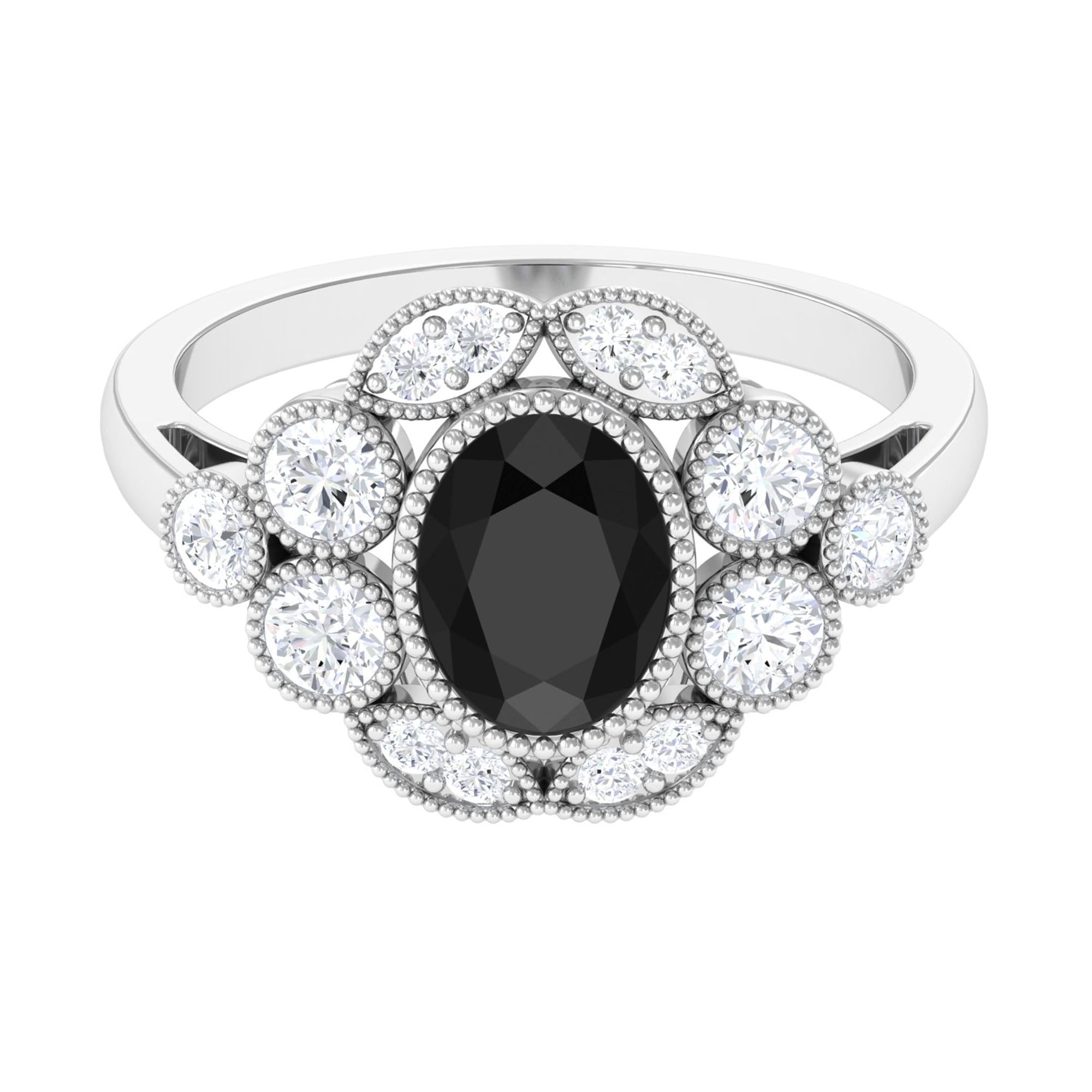 Oval Black Spinel Statement Engagement Ring with Moissanite Halo Black Spinel - ( AAA ) - Quality - Rosec Jewels
