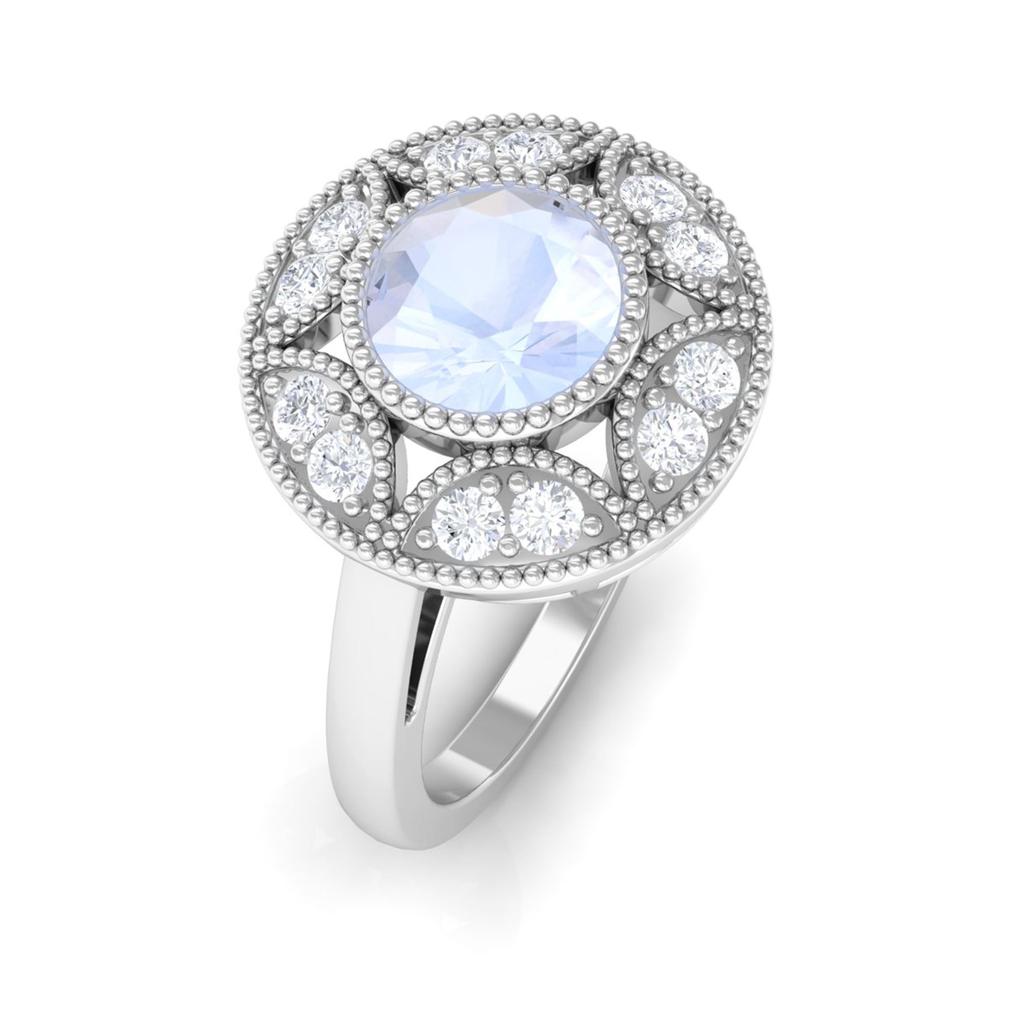 3/4 CT Round Moonstone and Diamond Vintage Engagement Ring Moonstone - ( AAA ) - Quality - Rosec Jewels
