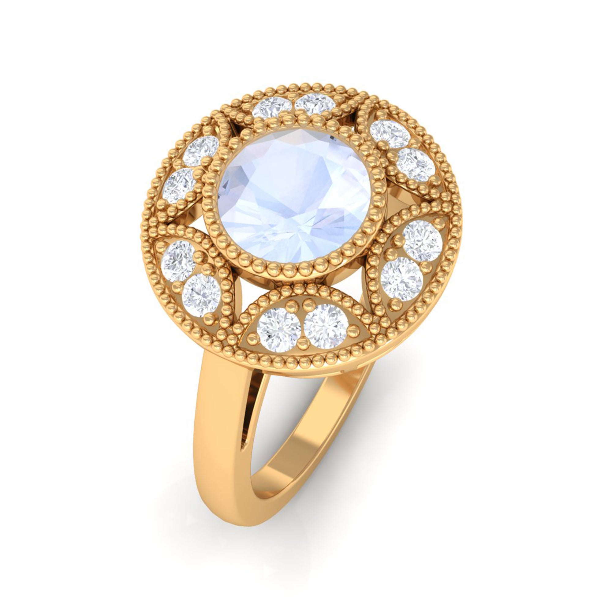 3/4 CT Round Moonstone and Diamond Vintage Engagement Ring Moonstone - ( AAA ) - Quality - Rosec Jewels