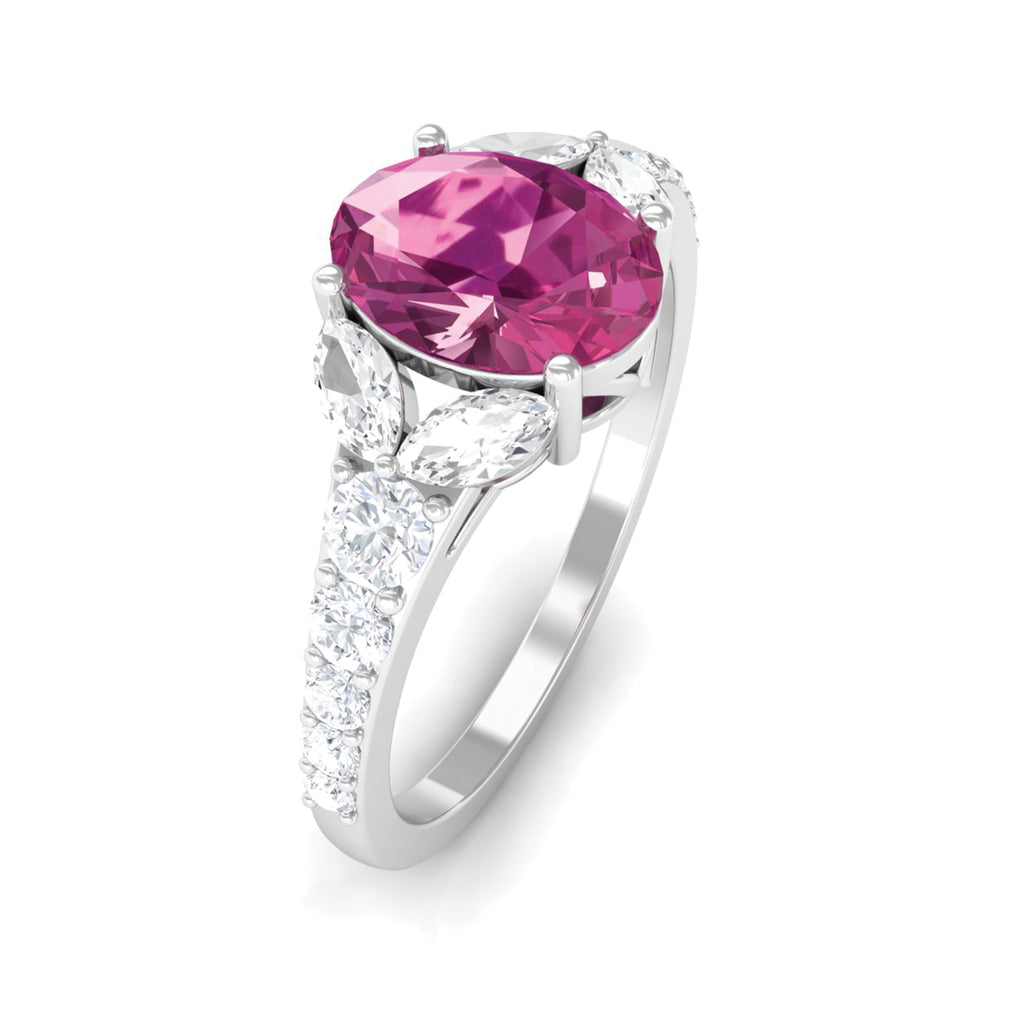 Split Shank Oval Pink Tourmaline Solitaire Engagement Ring with Moissanite Pink Tourmaline - ( AAA ) - Quality - Rosec Jewels