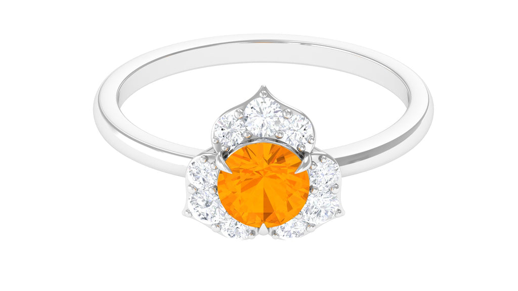 Round Fire Opal Flower Engagement Ring with Diamond Fire Opal - ( AAA ) - Quality - Rosec Jewels