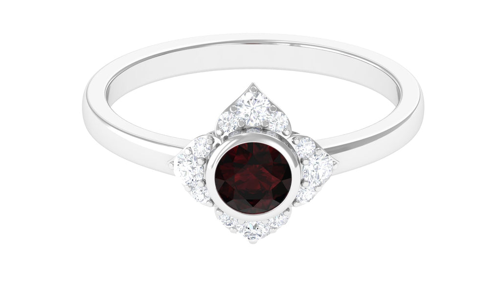 Vintage Inspired Garnet Flower Engagement Ring with Diamond Garnet - ( AAA ) - Quality - Rosec Jewels