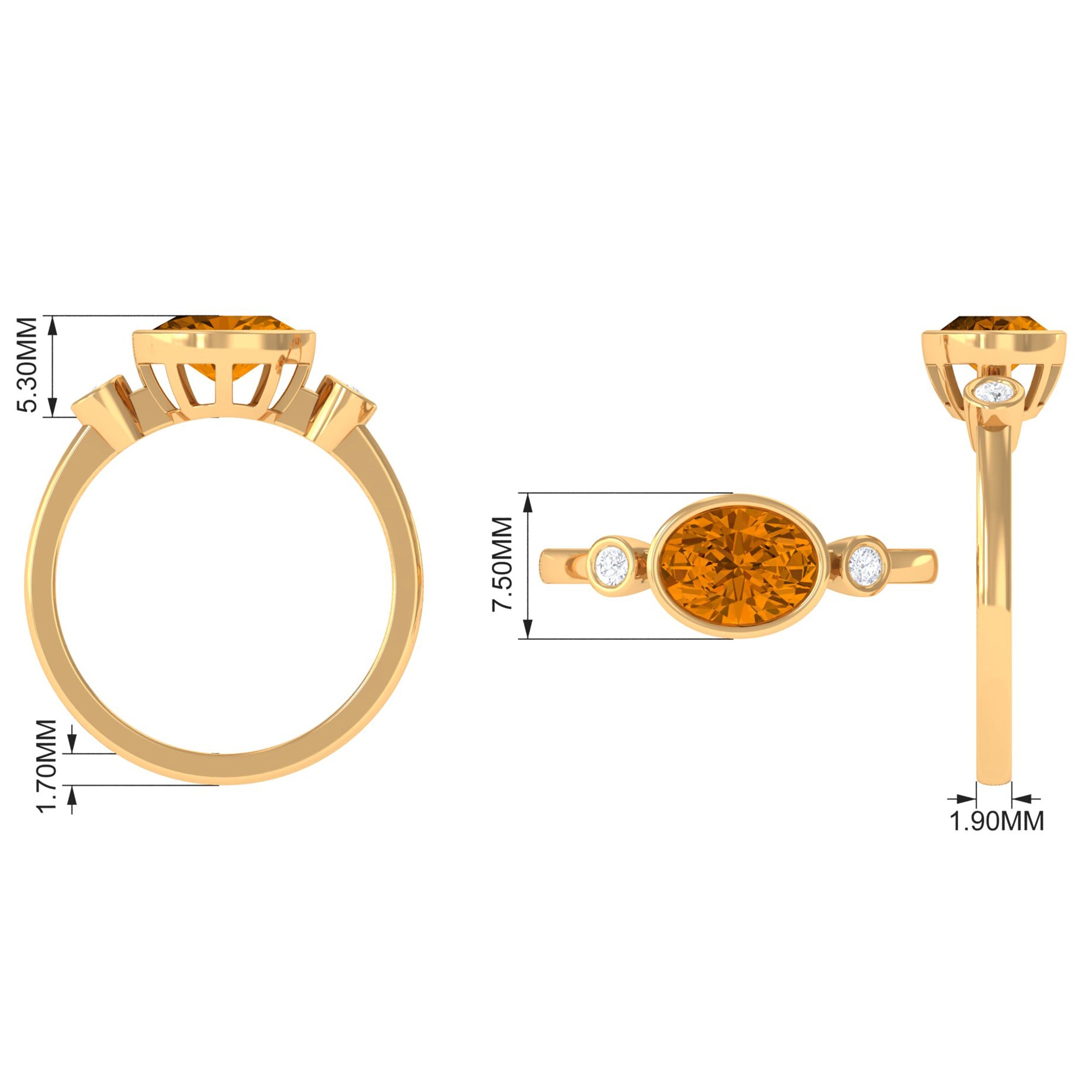 Oval Cut Citrine Solitaire East West Ring with Diamond Stones Citrine - ( AAA ) - Quality - Rosec Jewels