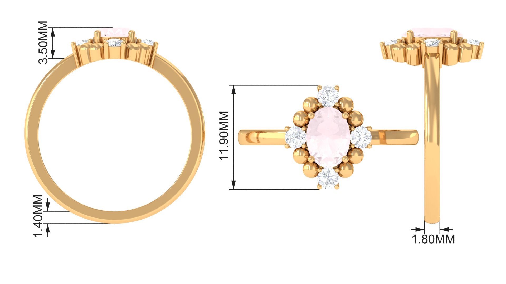 Oval Rose Quartz Cocktail Ring with Diamond Rose Quartz - ( AAA ) - Quality - Rosec Jewels