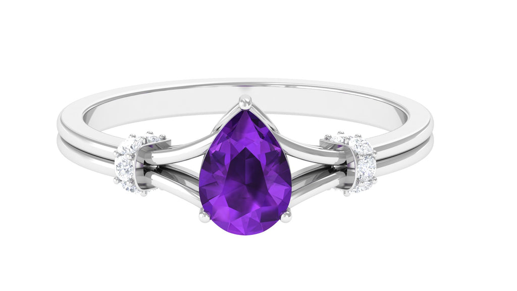 Pear Cut Amethyst Solitaire Ring with Diamond in Split Shank Amethyst - ( AAA ) - Quality - Rosec Jewels