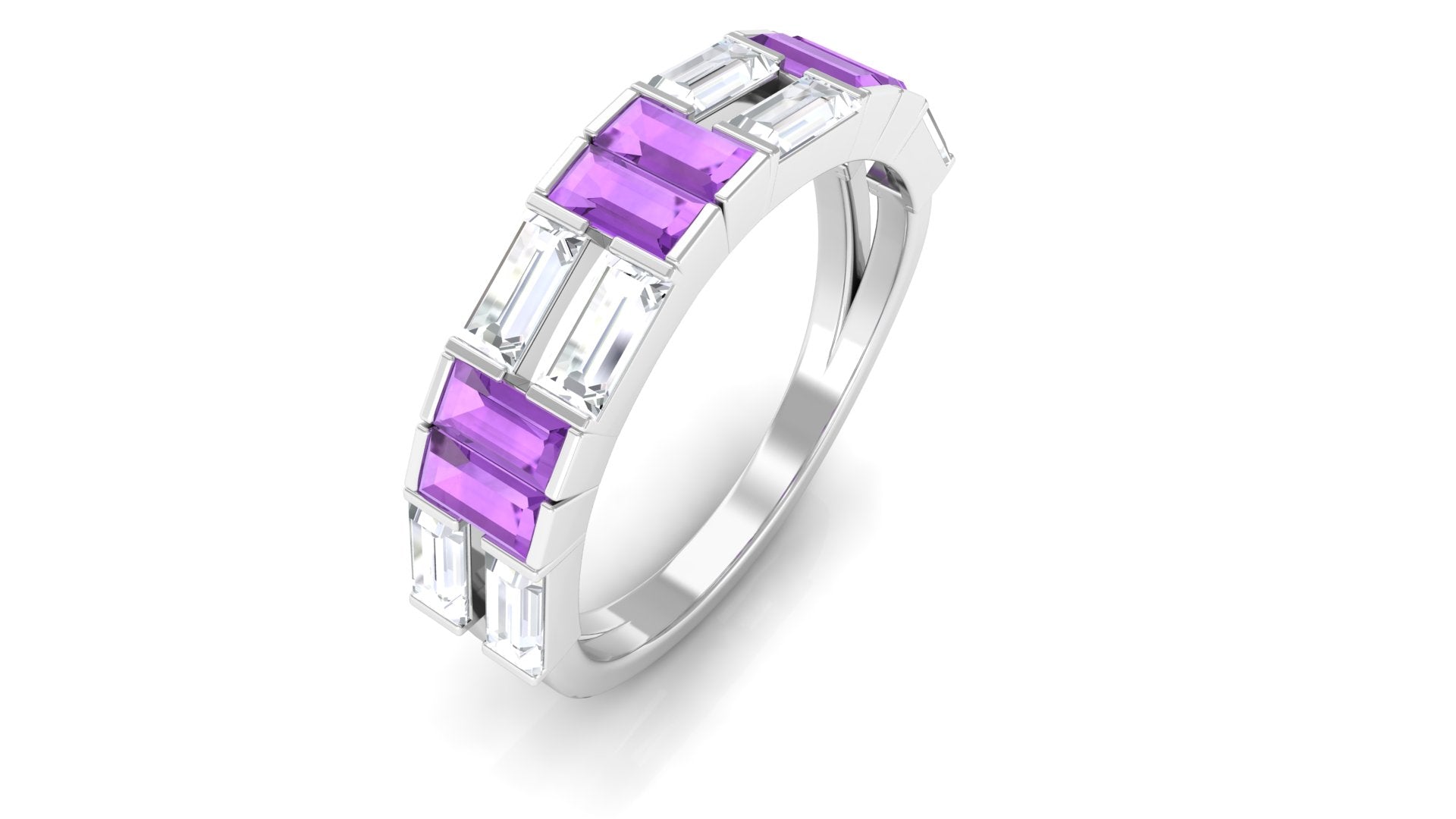 Baguette Cut Amethyst and Moissanite Half Eternity Ring Amethyst - ( AAA ) - Quality - Rosec Jewels