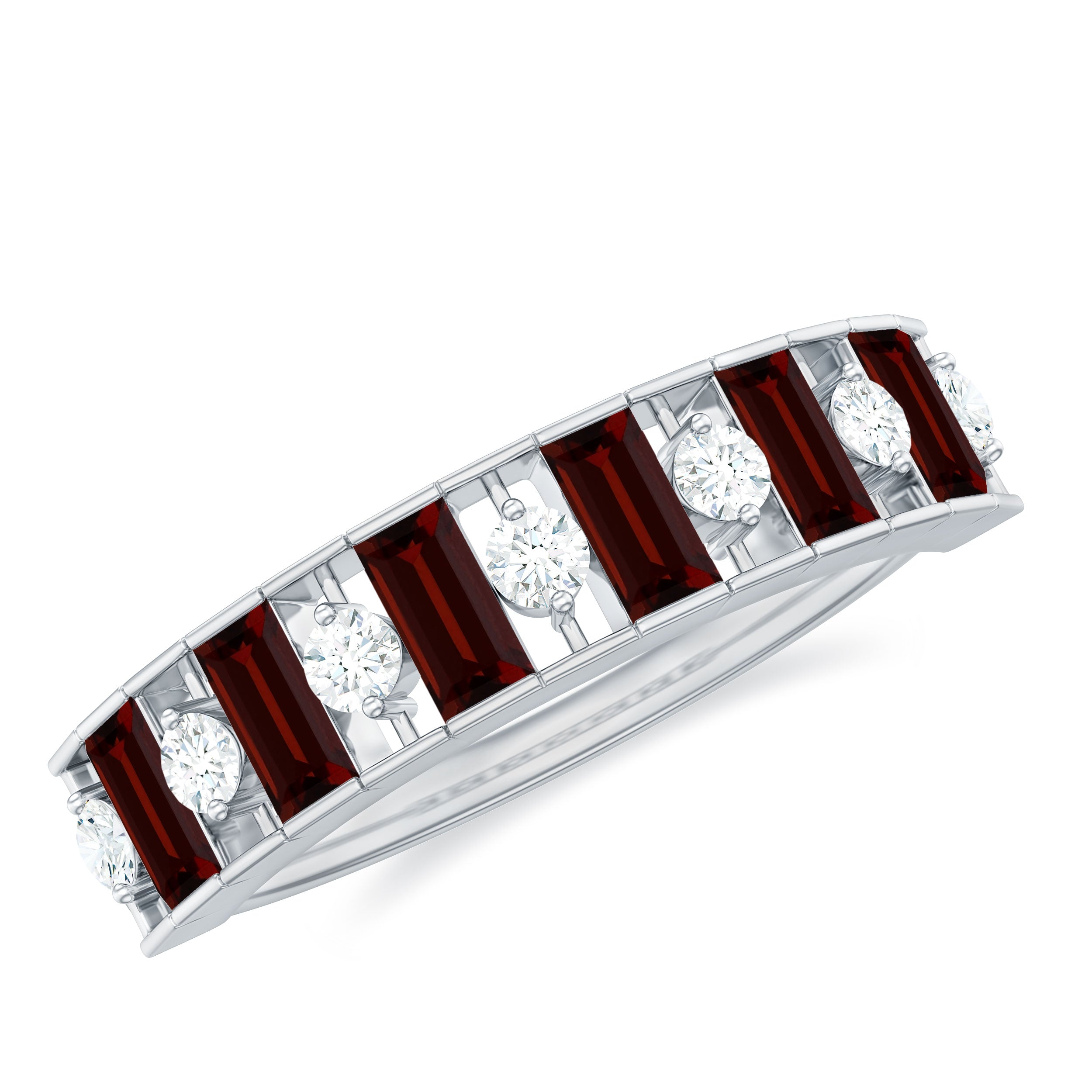 Baguette Cut Garnet and Diamond Classic Half Eternity Ring Garnet - ( AAA ) - Quality - Rosec Jewels