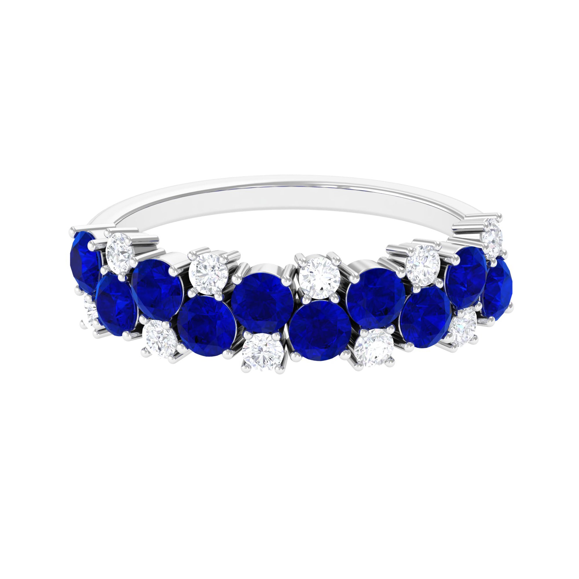 2 CT Round Created Blue Sapphire and Moissanite Cluster Half Eternity Ring Lab Created Blue Sapphire - ( AAAA ) - Quality - Rosec Jewels