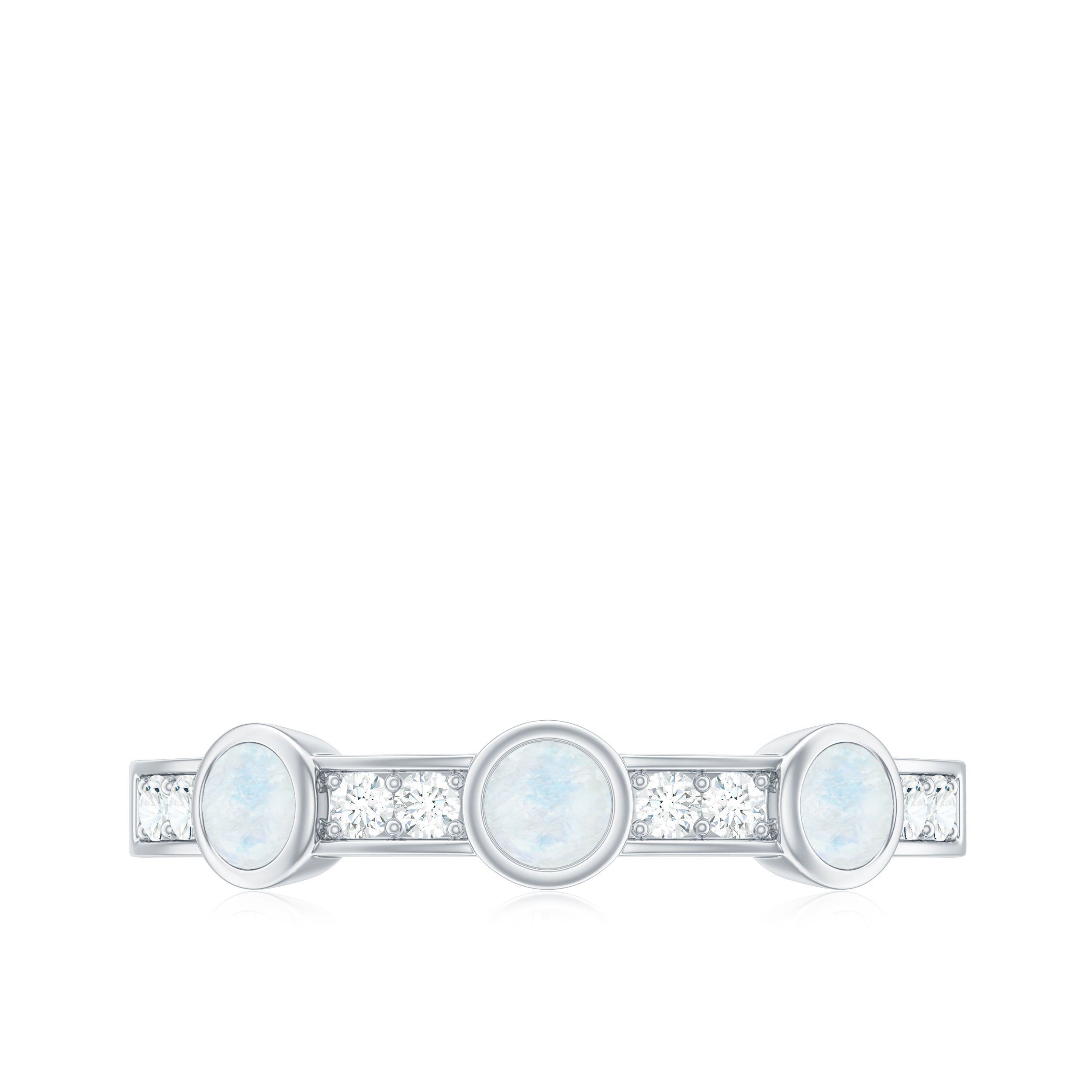 Minimal Half Eternity Ring with Moonstone and Diamond Moonstone - ( AAA ) - Quality - Rosec Jewels