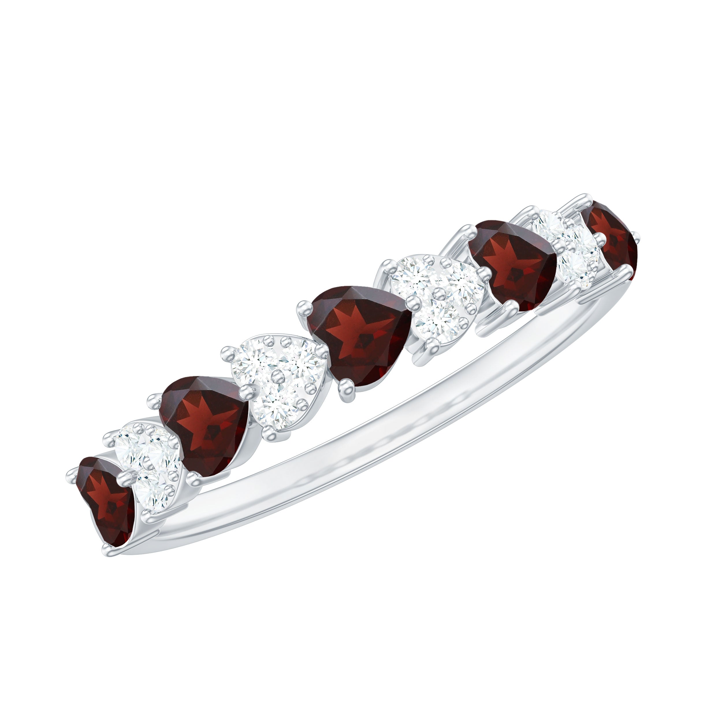 Heart Shape Garnet and Diamond Half Eternity Ring Garnet - ( AAA ) - Quality - Rosec Jewels