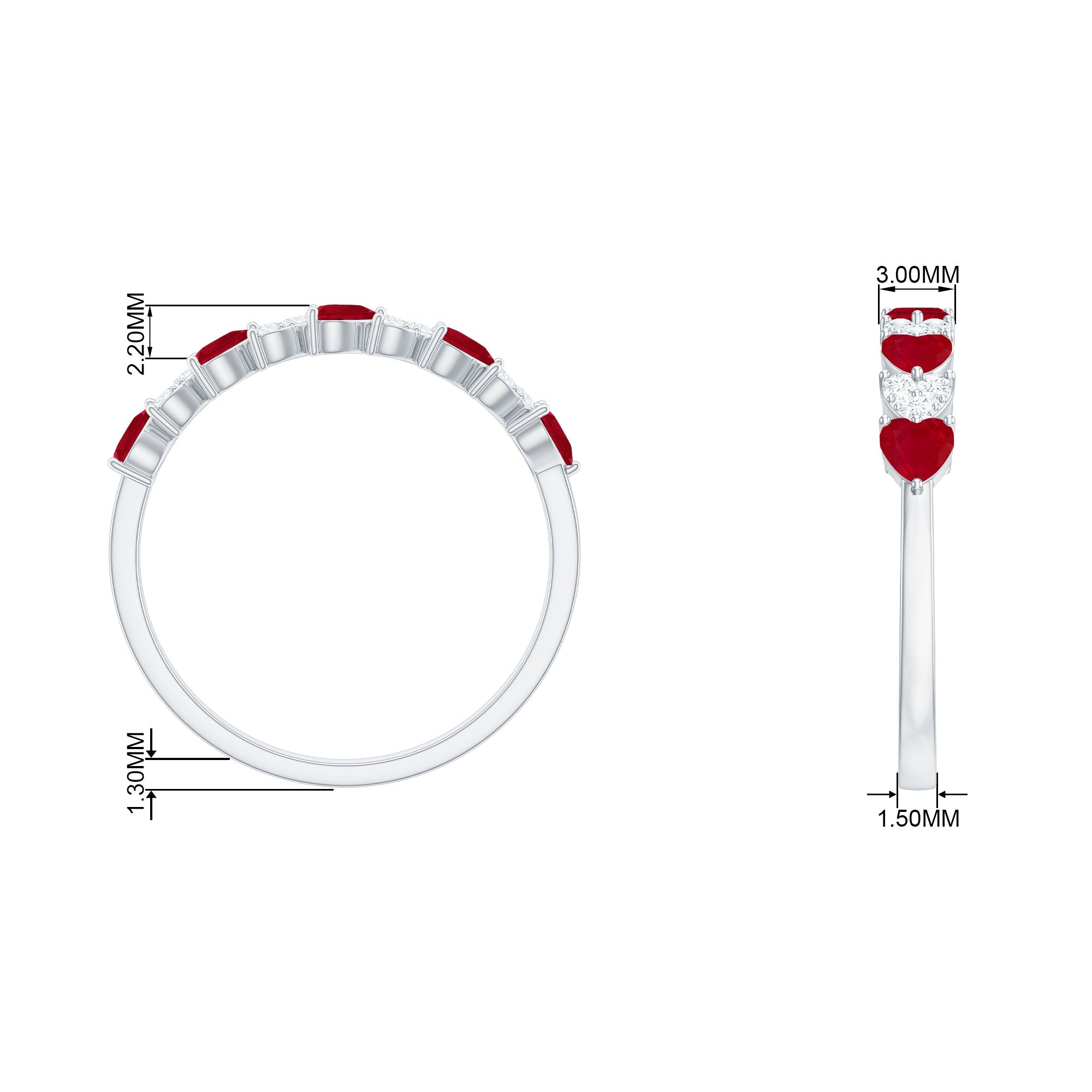 Heart Shape Ruby Half Eternity Ring with Diamond Ruby - ( AAA ) - Quality - Rosec Jewels