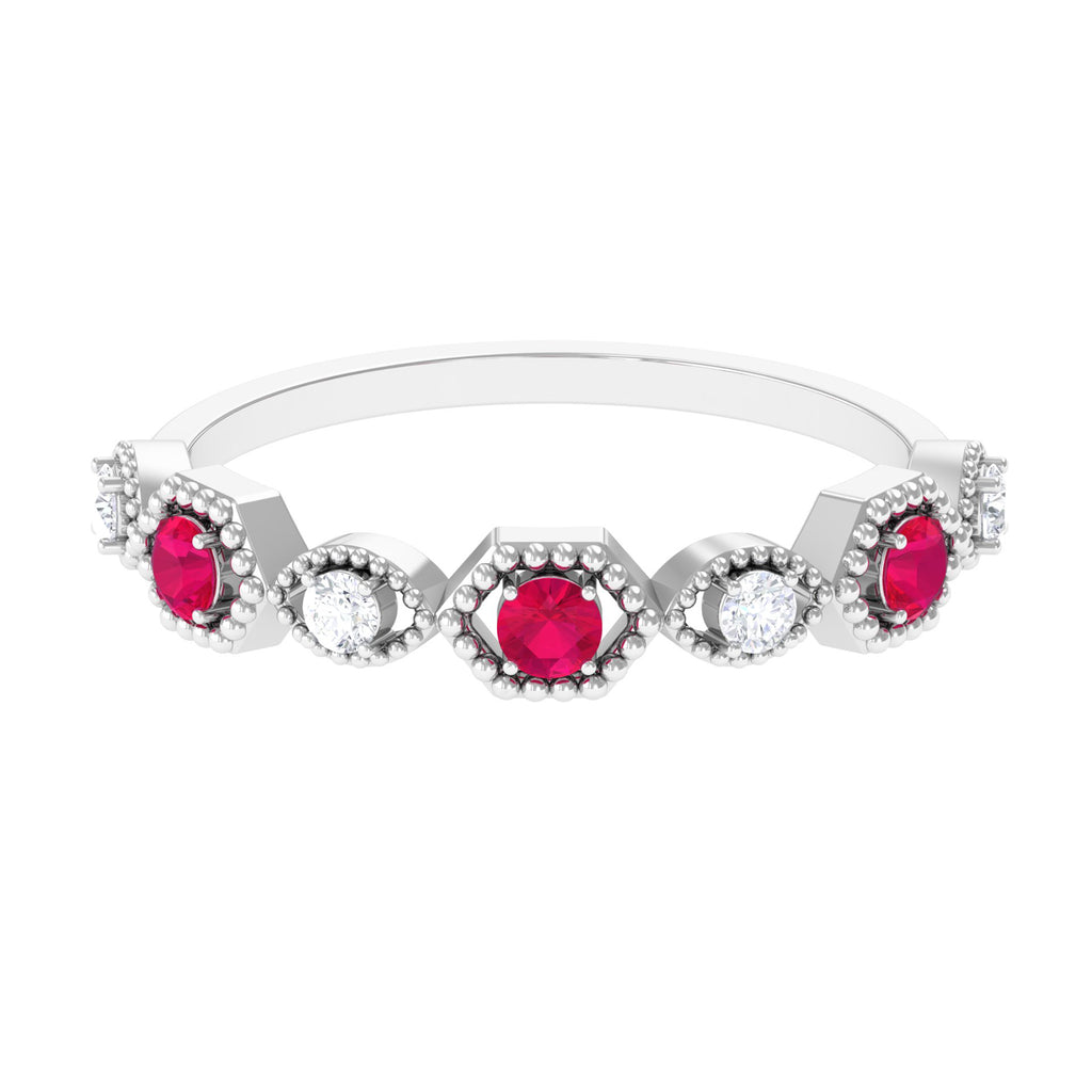 Ruby and Diamond Half Eternity Ring in Prong Setting Ruby - ( AAA ) - Quality - Rosec Jewels