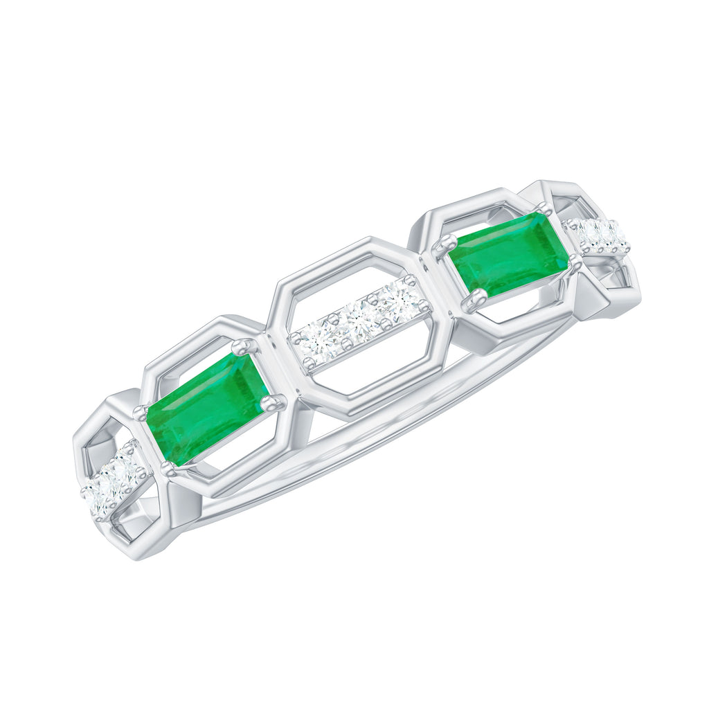 Emerald and Diamond Geometric Half Eternity Ring Emerald - ( AAA ) - Quality - Rosec Jewels