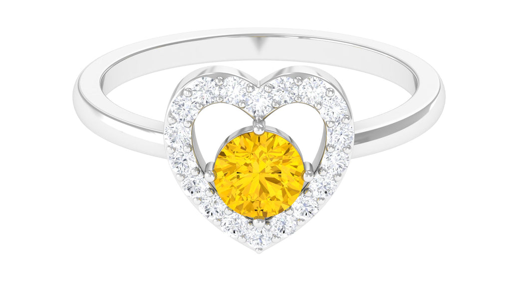 Real Yellow Sapphire and Diamond Halo Heart Ring Yellow Sapphire - ( AAA ) - Quality - Rosec Jewels