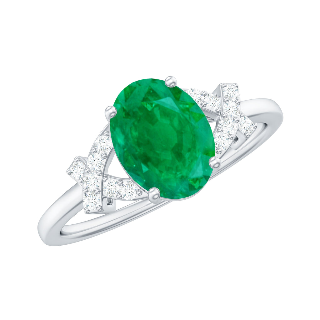 Split Shank Oval Emerald and Diamond Solitaire Engagement Ring Emerald - ( AAA ) - Quality - Rosec Jewels