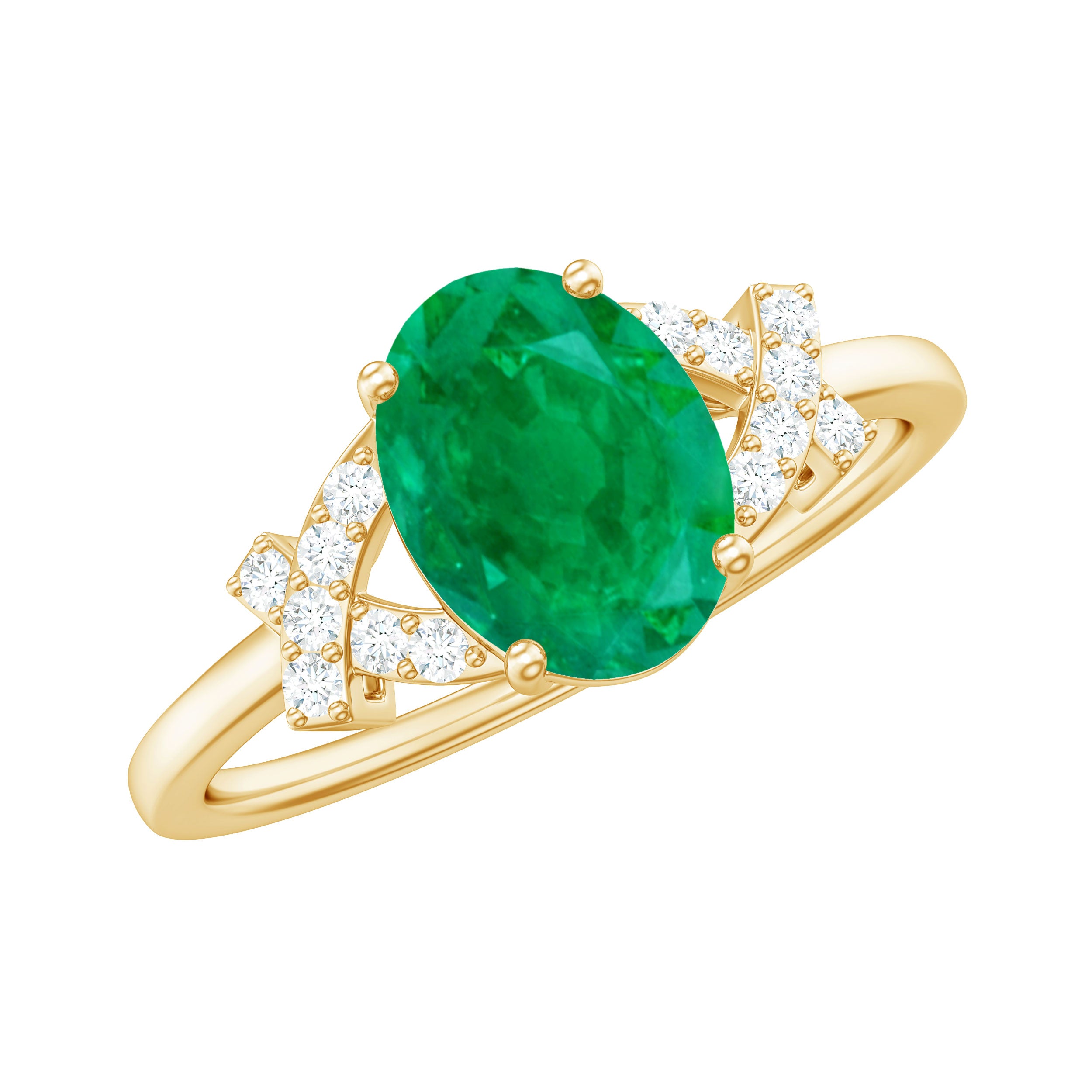 Split Shank Oval Emerald and Diamond Solitaire Engagement Ring Emerald - ( AAA ) - Quality - Rosec Jewels