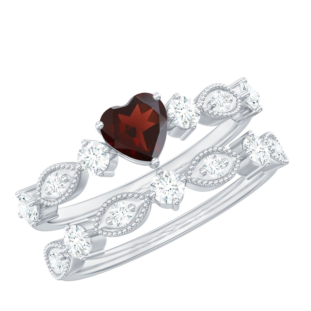 Real Garnet Stackable Ring Set with Diamond in Prong Setting Garnet - ( AAA ) - Quality - Rosec Jewels