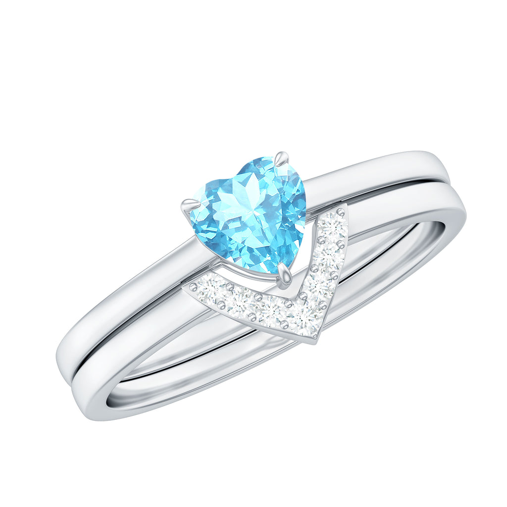 Heart Aquamarine and Diamond Stackable Ring Set Aquamarine - ( AAA ) - Quality - Rosec Jewels