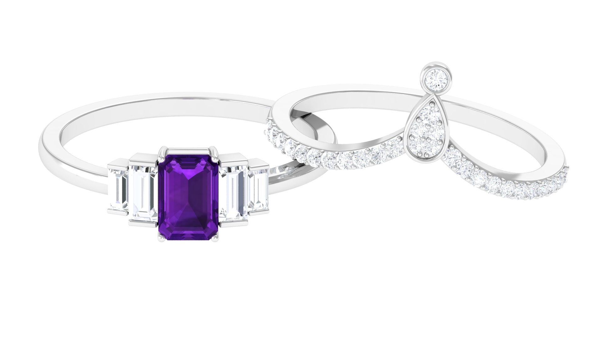 Octagon Amethyst and Moissanite Ring Set Amethyst - ( AAA ) - Quality - Rosec Jewels