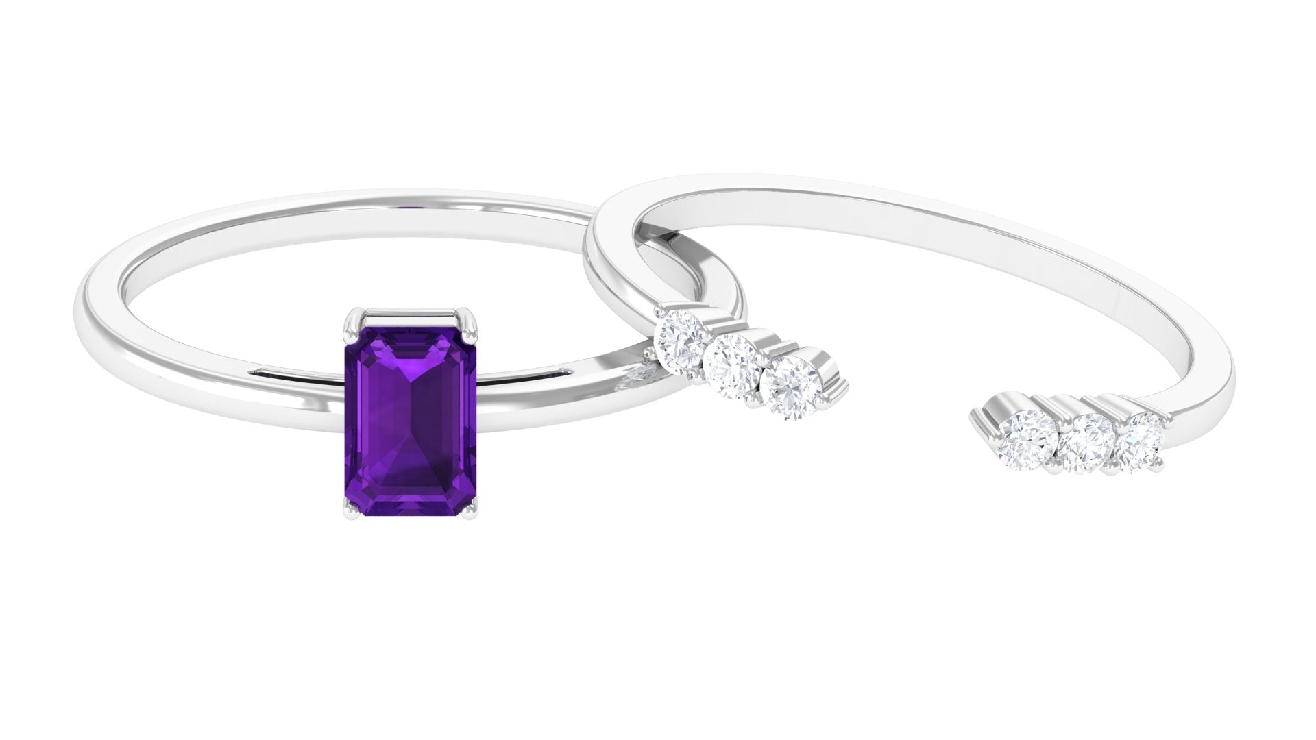 Natural Amethyst and Diamond Stackable Ring Set Amethyst - ( AAA ) - Quality - Rosec Jewels