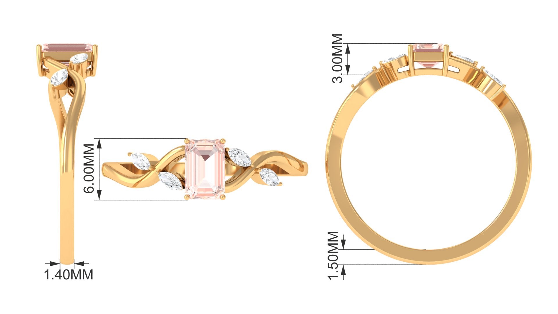 Emerald Cut Morganite and Diamond Solitaire Engagement Ring in Split Shank Morganite - ( AAA ) - Quality - Rosec Jewels