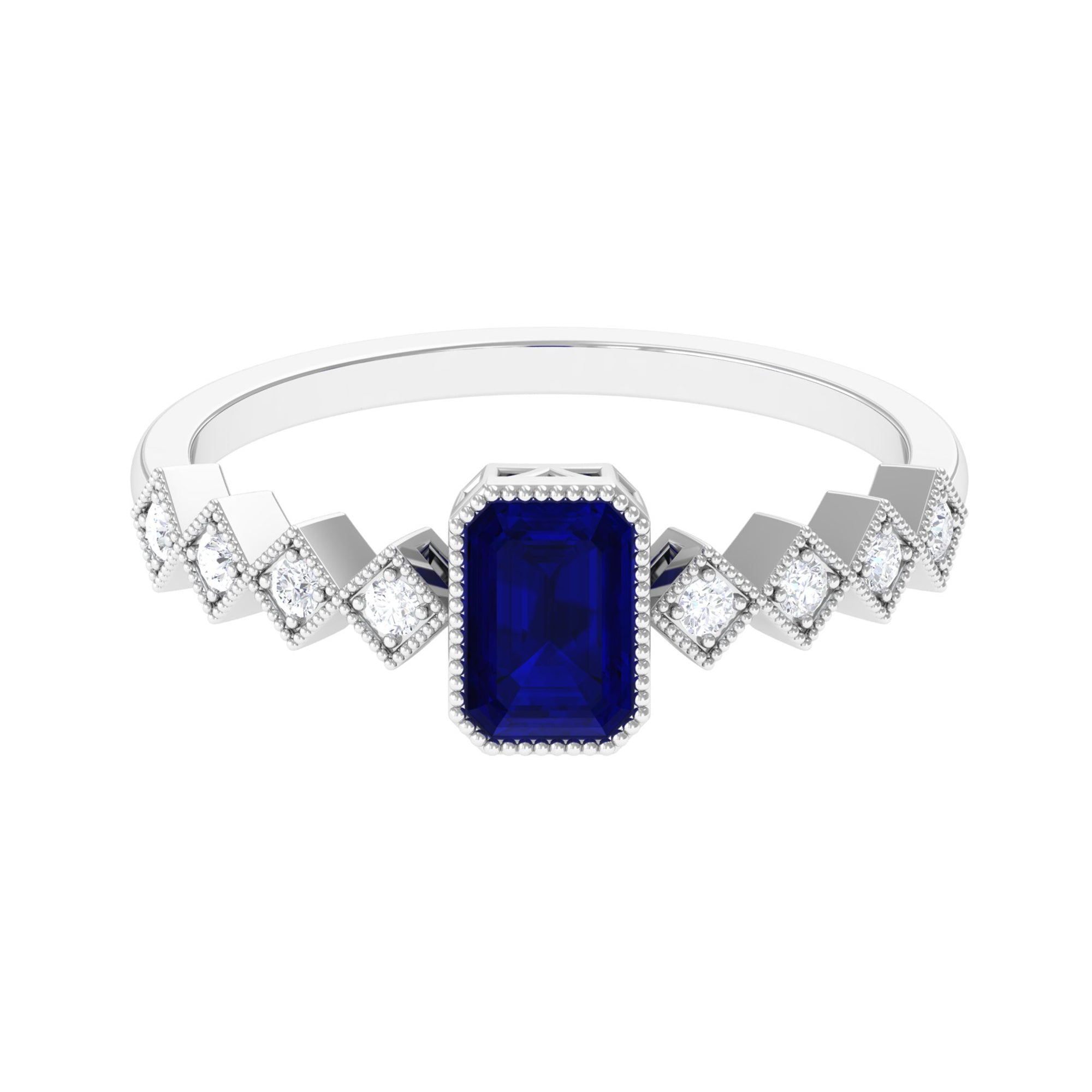 Octagon Cut Solitaire Blue Sapphire and Diamond Engagement Ring Blue Sapphire - ( AAA ) - Quality - Rosec Jewels