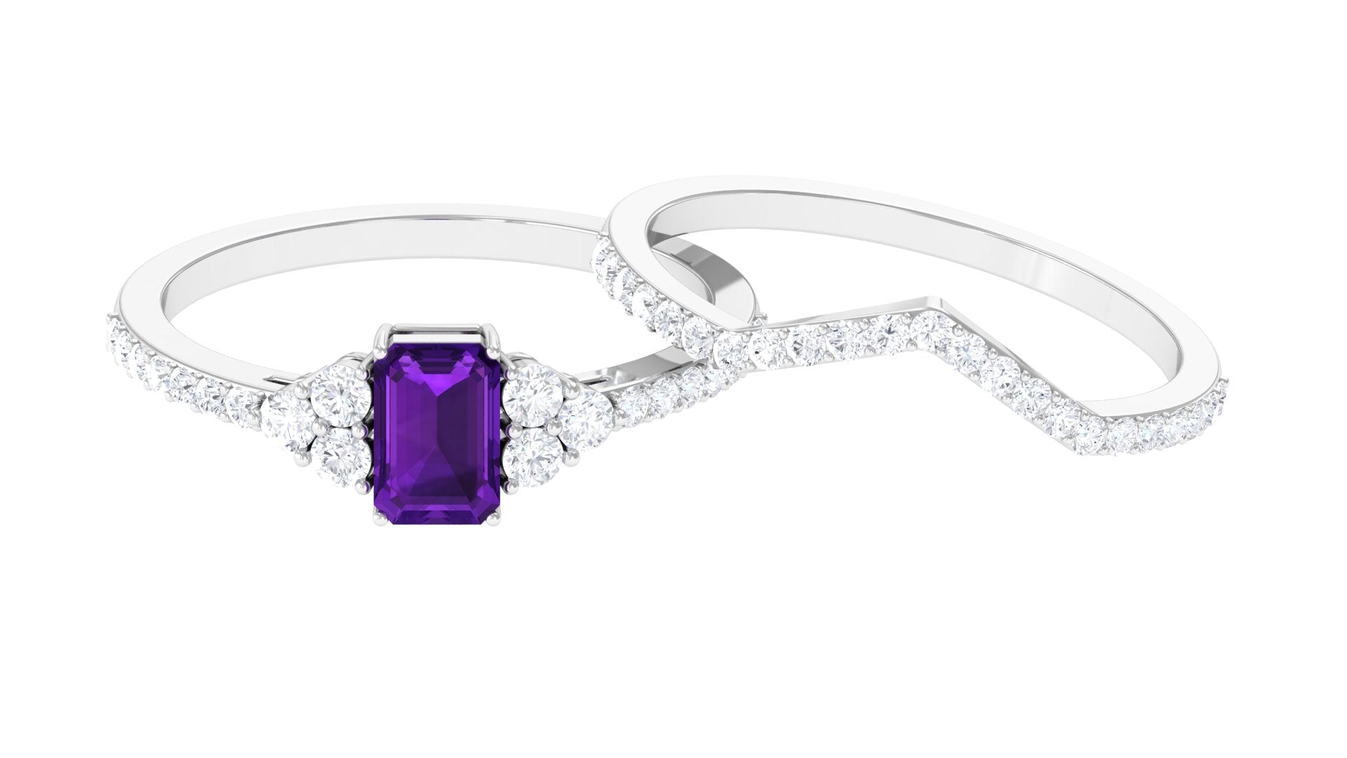 Real Amethyst Stackable Ring Set with Diamond Stones Amethyst - ( AAA ) - Quality - Rosec Jewels