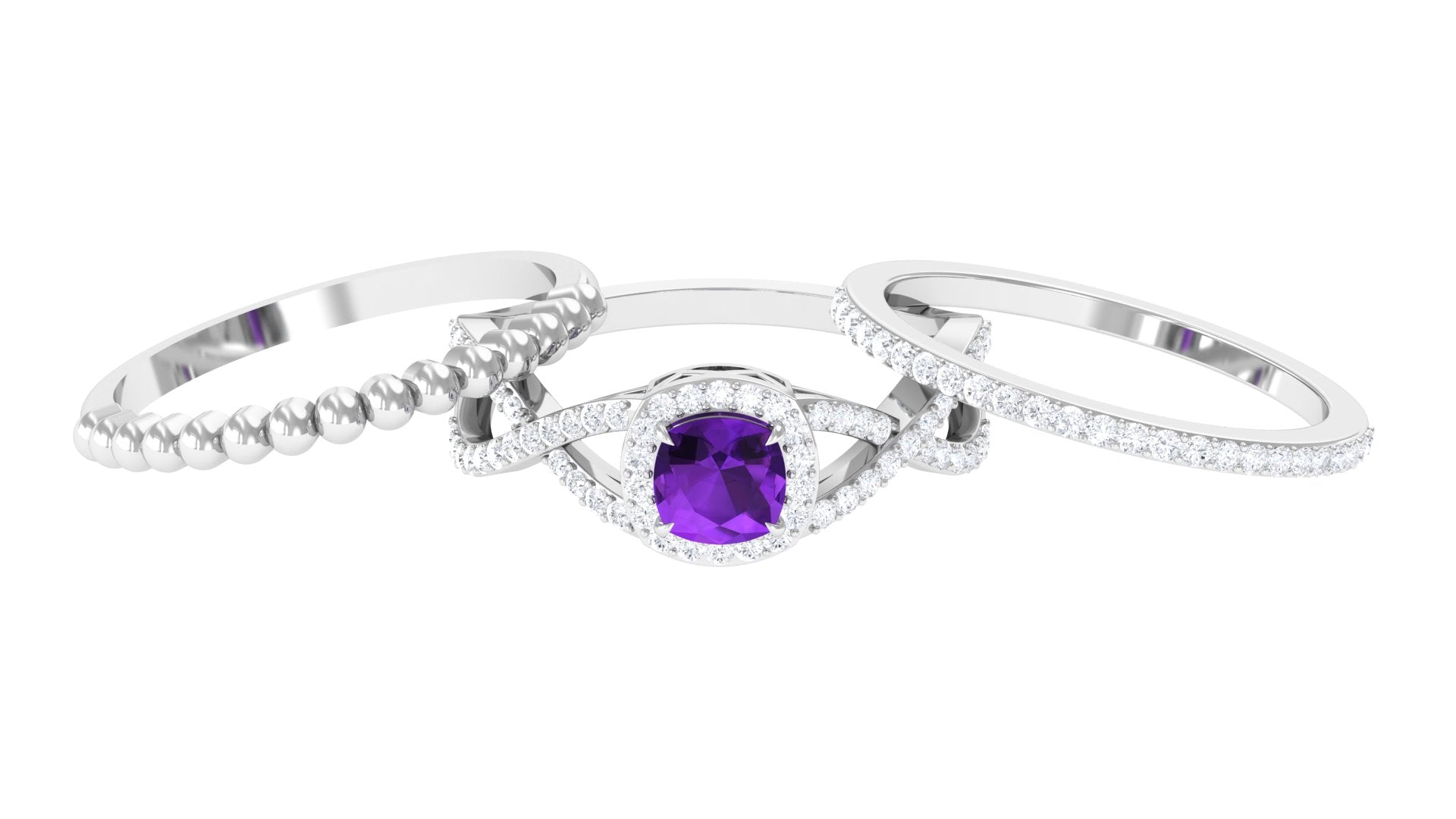 Certified Amethyst Stackable Ring Set with Moissanite Amethyst - ( AAA ) - Quality - Rosec Jewels