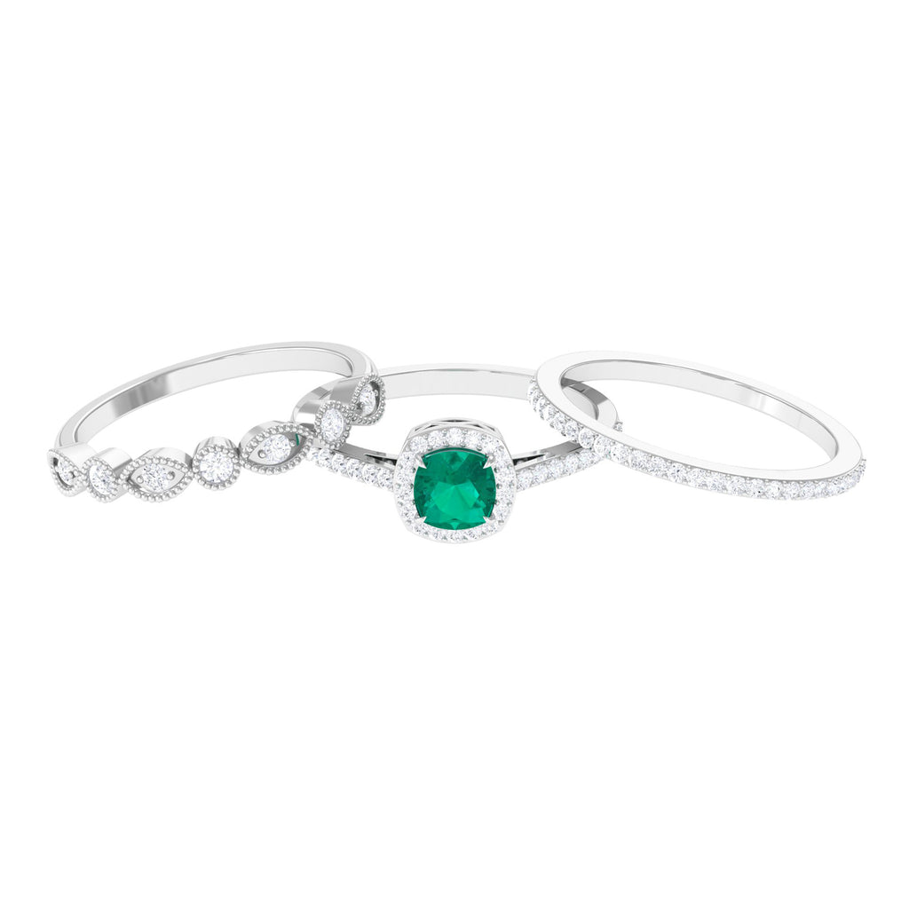 Cushion Cut Emerald Stackable Ring Set with Moissanite Emerald - ( AAA ) - Quality - Rosec Jewels