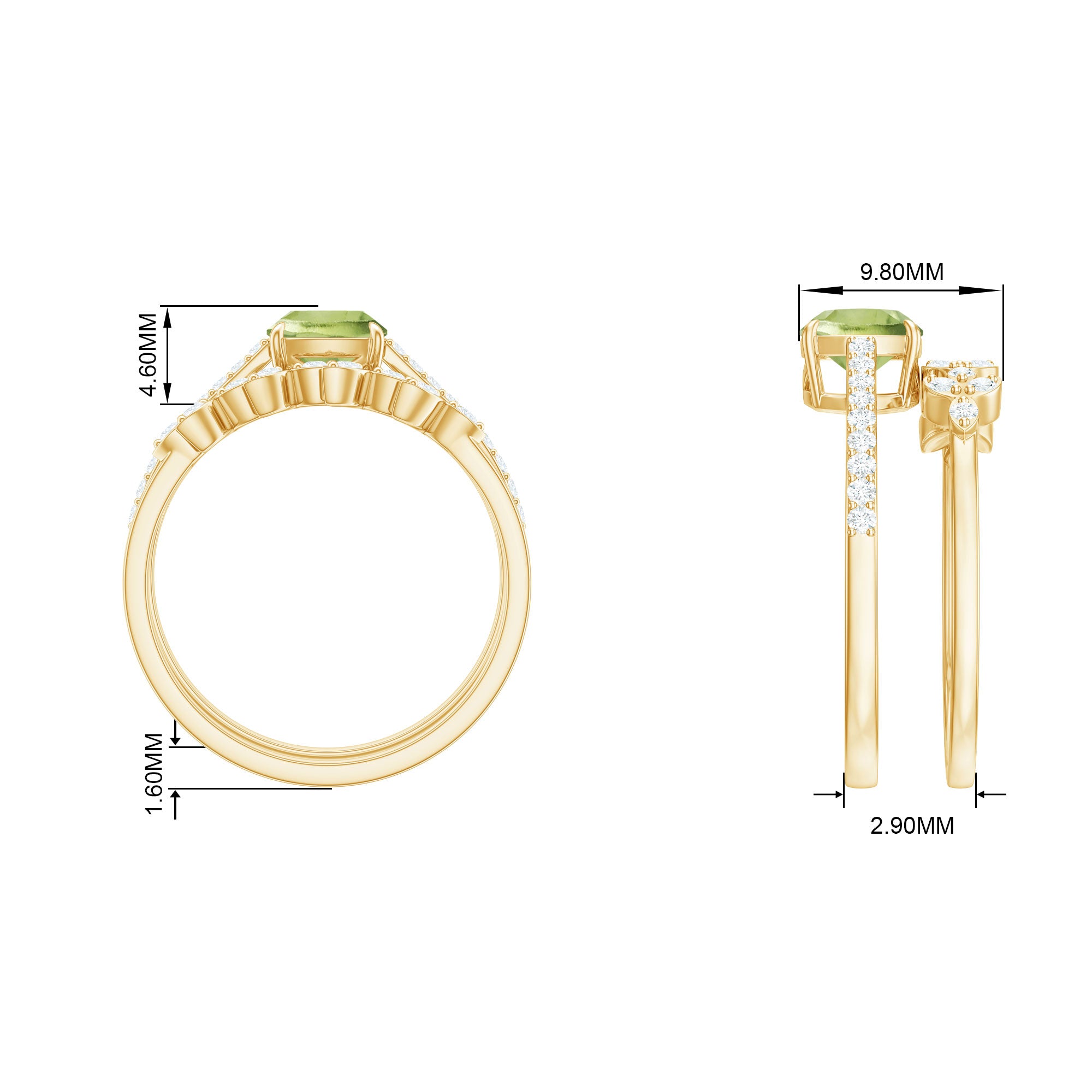 Cushion Cut Peridot Ring Set with Diamond Peridot - ( AAA ) - Quality - Rosec Jewels