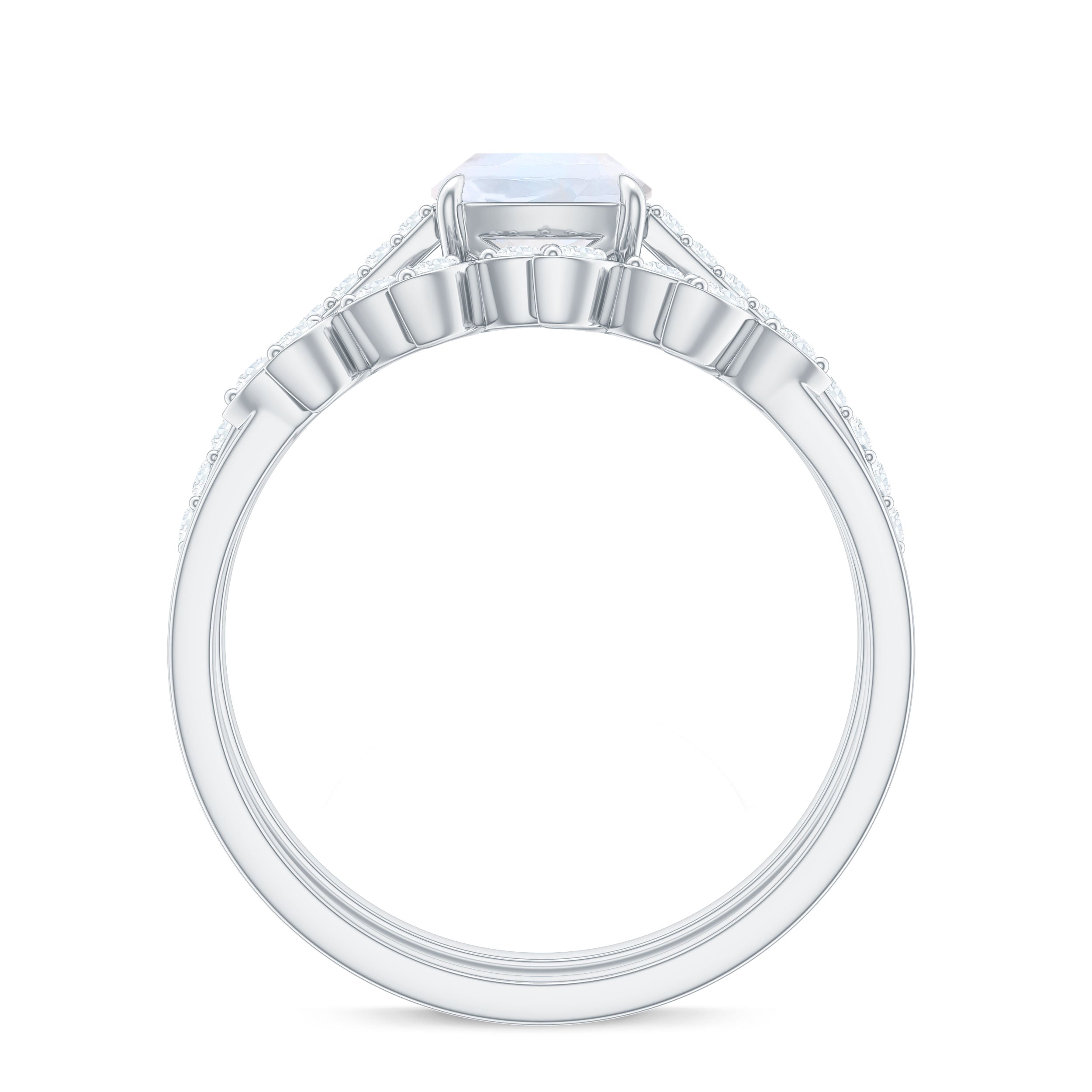 Cushion Cut Moonstone Stackable Ring Set with Diamond Moonstone - ( AAA ) - Quality - Rosec Jewels