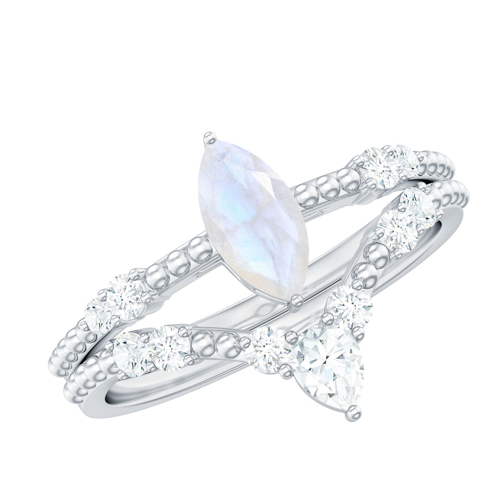 Natural Moonstone and Moissanite Beaded Ring Set Moonstone - ( AAA ) - Quality - Rosec Jewels