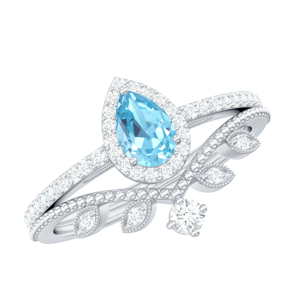 Aquamarine Vintage Teardrop Wedding Ring Set with Diamond Aquamarine - ( AAA ) - Quality - Rosec Jewels