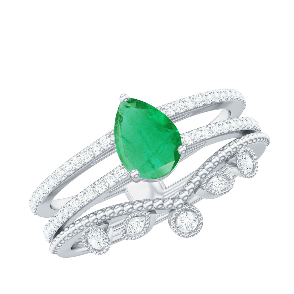 Pear shape Real Emerald and Diamond Wedding Ring Set Emerald - ( AAA ) - Quality - Rosec Jewels