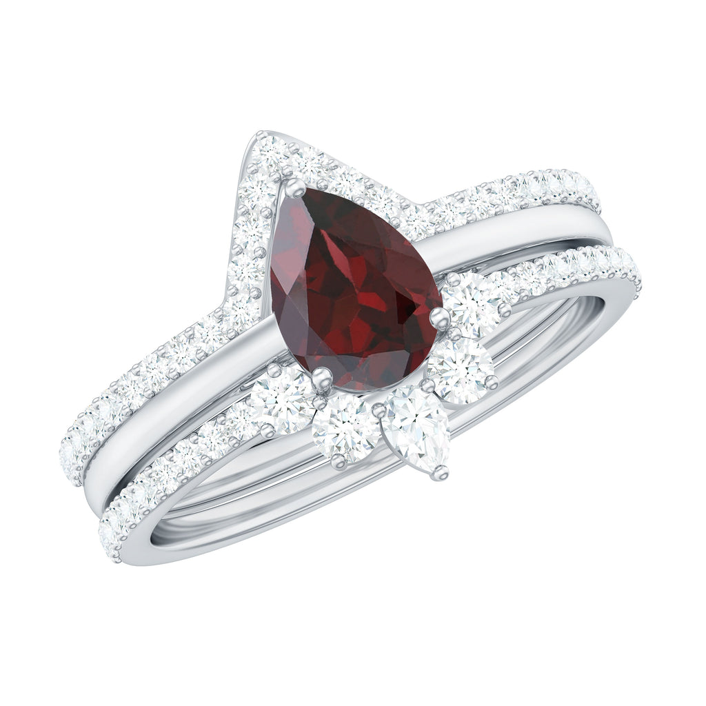 Pear Cut Garnet Trio Wedding Ring Set with Diamond Garnet - ( AAA ) - Quality - Rosec Jewels