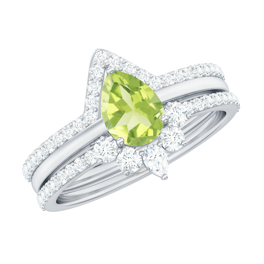 Pear Cut Peridot Trio Wedding Ring Set with Moissanite Peridot - ( AAA ) - Quality - Rosec Jewels