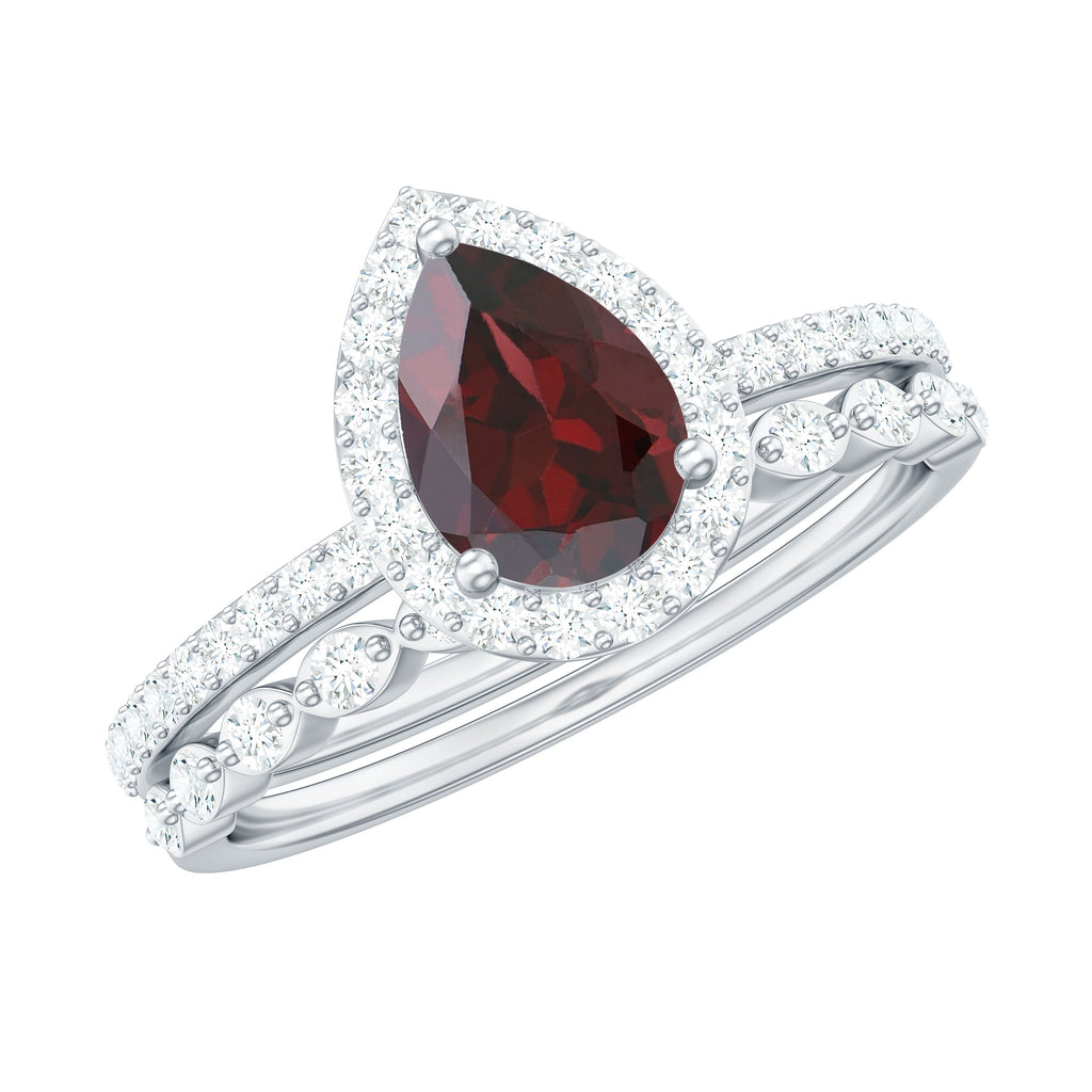 Teardrop Garnet Bridal Ring Set with Diamond Garnet - ( AAA ) - Quality - Rosec Jewels