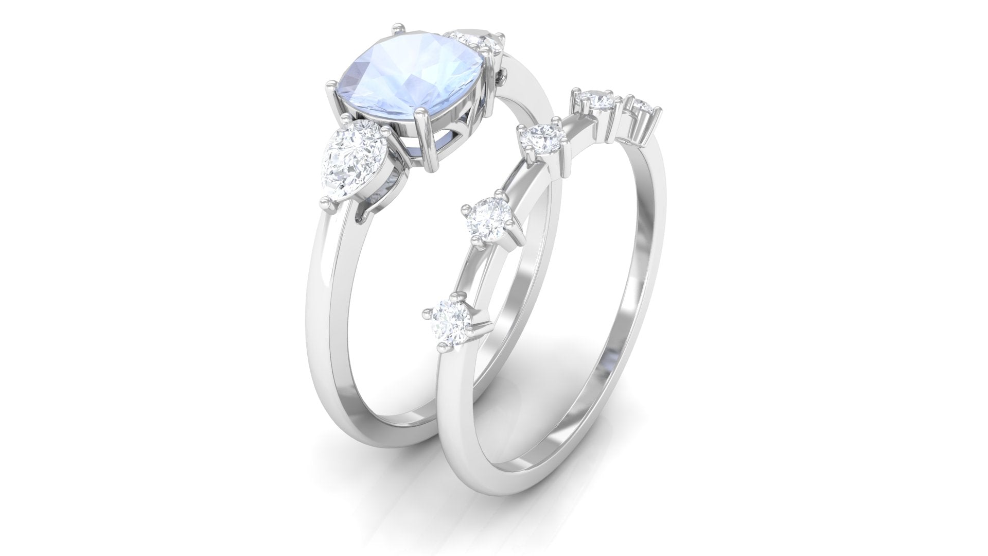 Cushion Cut Moonstone Ring Set with Moissanite Moonstone - ( AAA ) - Quality - Rosec Jewels
