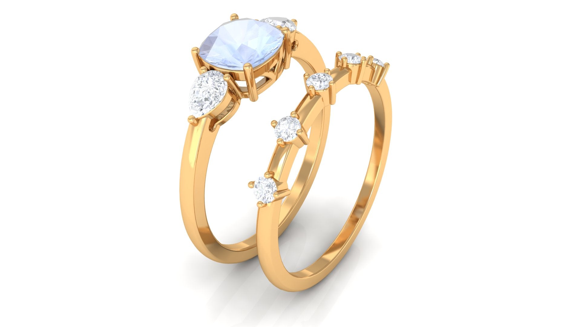 Cushion Cut Moonstone Ring Set with Moissanite Moonstone - ( AAA ) - Quality - Rosec Jewels